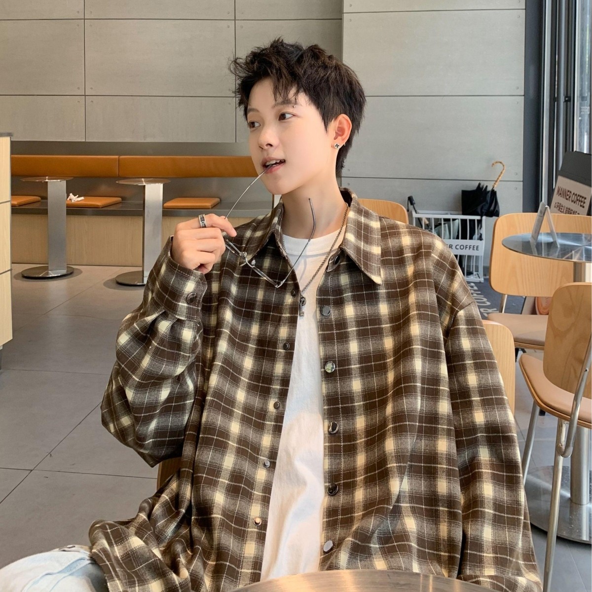 复古格子衬衫男长袖翻领宽松外套高级感小众休闲上衣百搭衬衣潮流,男装,衬衫,淘宝优惠券,粉丝福利购,淘宝优惠卷