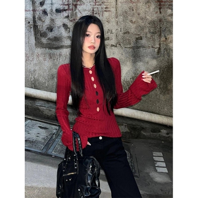 【包芯纱】美式甜辣妹镂空破洞针织衫女秋新款设计感修身罩衫上衣