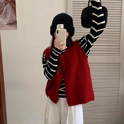 灰色V领毛衣马甲开衫女秋冬季叠穿内搭打底无袖背心针织坎肩上衣