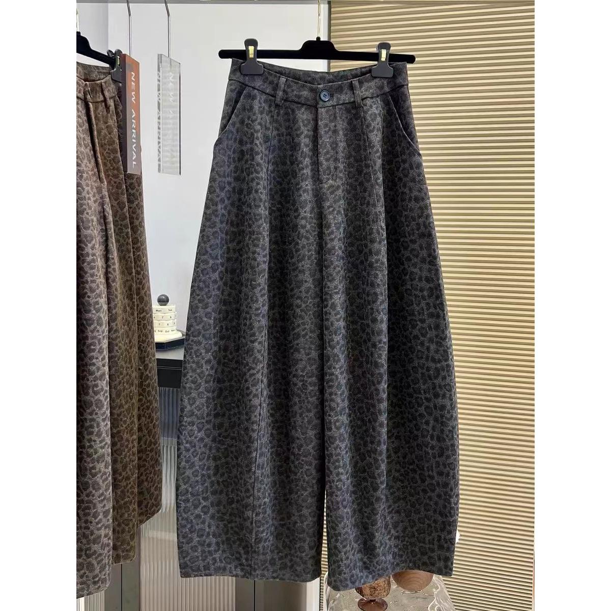 大码240斤复古豹纹加绒弯刀裤女秋冬新款大码高腰宽松阔腿裤