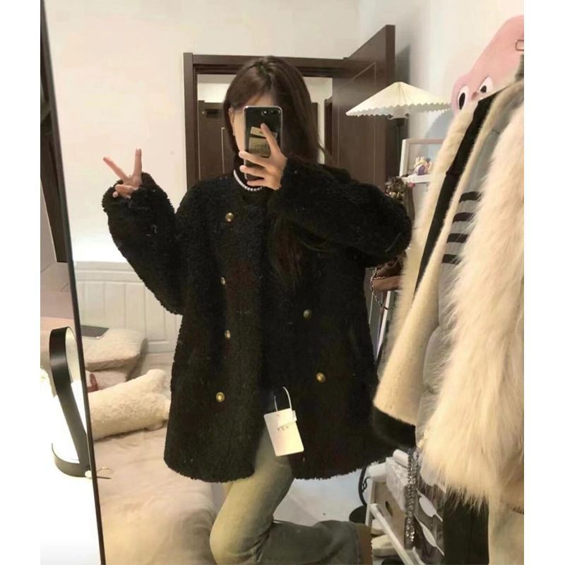 高级感黑色羊羔绒外套女秋冬2025新款加厚双排扣圆领夹棉毛毛大衣