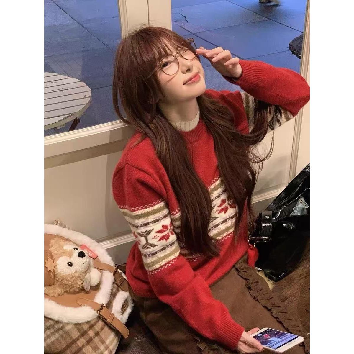 实价#绵羊绒#费尔岛红色圣诞毛衣女秋冬季慵懒高级感针织衫上衣