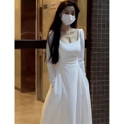 白色长袖连衣裙子女春秋2025夏新款小个子法式高级感初恋收腰长裙