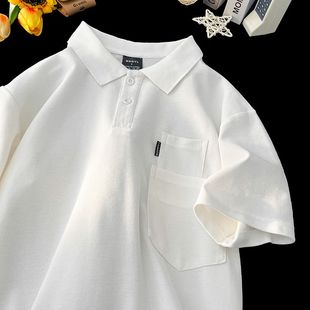 潮牌宽松休闲翻领T恤上衣 日系纯色POLO衫 男夏季 新款 简约口袋短袖