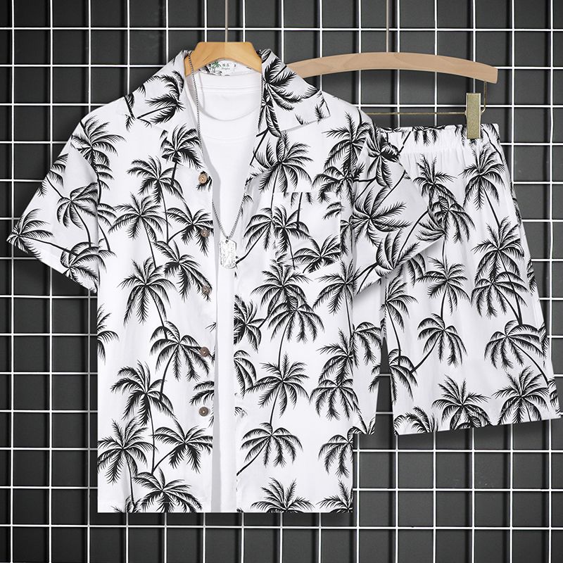 夏季男棉质短袖花衬衫套装夏威夷沙滩服宽松休闲两件套外穿五分裤