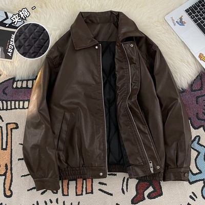美式复古机车pu皮衣外套男女夹棉加厚痞帅百搭高级感翻领夹克上衣