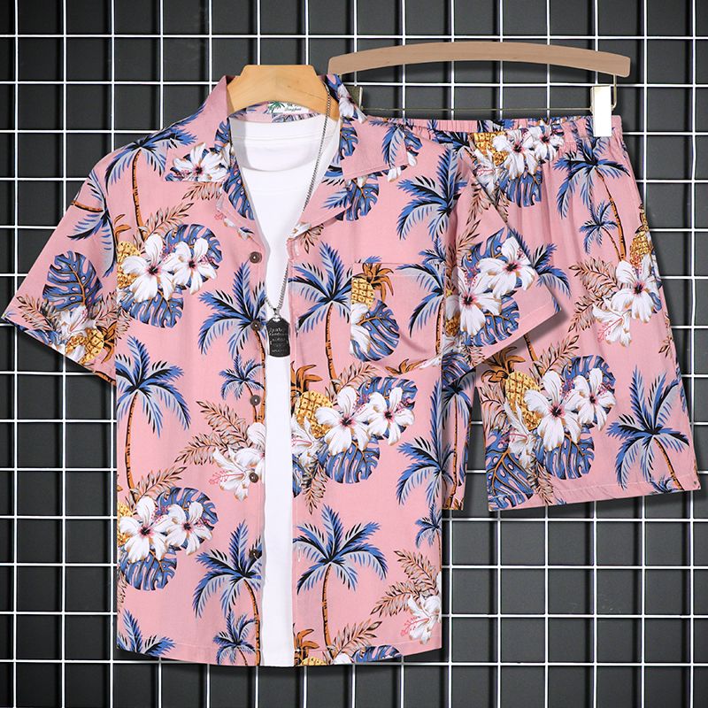 夏季男短袖花衬衫套装夏威夷沙滩服宽松休闲两件套外穿五分裤情侣
