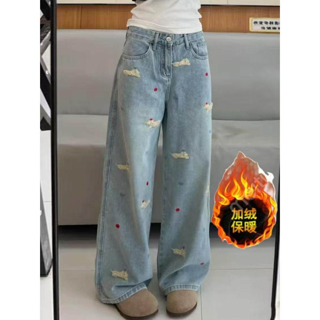 2025秋冬加绒卡通腊肠狗刺绣阔腿牛仔裤女高腰显瘦裤子