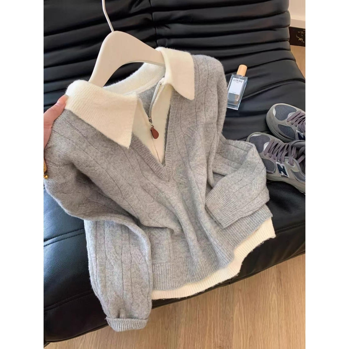 实价#绵羊绒#美拉德甜美风翻领半拉链假两件毛衣打底衫上衣女