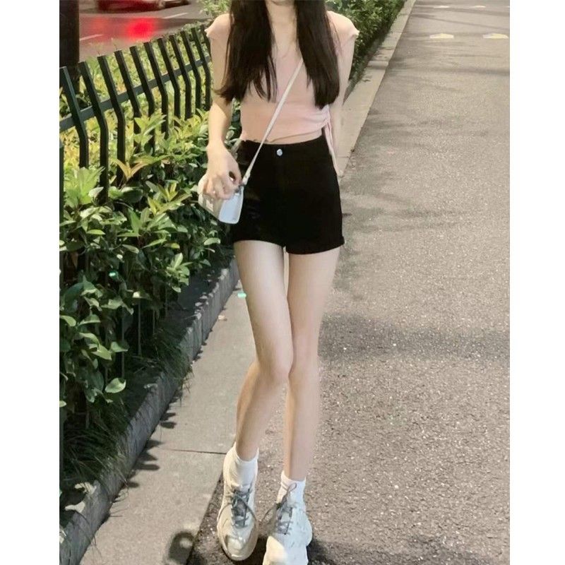 黑色牛仔短裤女含棉春秋薄款新款高腰宽松a字超短紧身热裤辣妹ins