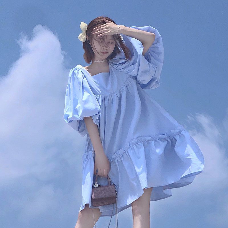 夏季新款韩版日系学院风泡泡袖连衣裙女学生甜美小清新a字裙子ins