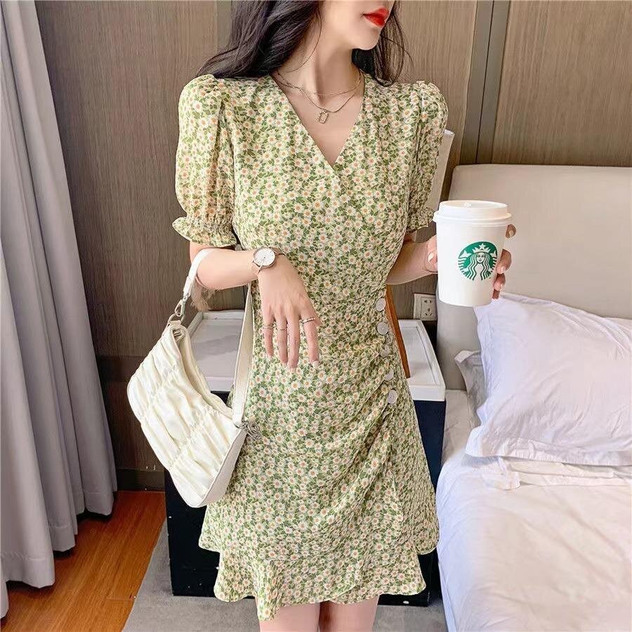 亚马逊跨境夏季新款韩版高腰显瘦泡泡袖法式连衣裙V领碎花短裙女