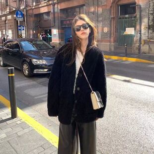 黑色羊羔毛绒外套女2024新款秋冬季高级感超好看加厚休闲百