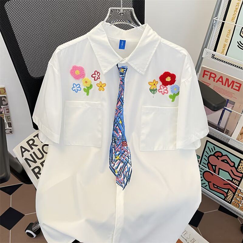 蜡笔手绘领带短袖衬衫男夏季学院风印花t恤宽松花卉趣味涂鸦衬衣