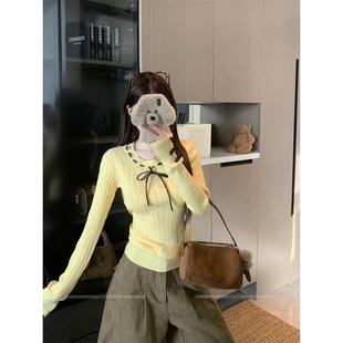多巴胺黄色蝴蝶结绞花针织衫女秋冬皮草内搭修身软糯长袖毛衣上衣