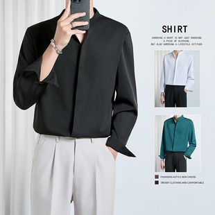 新中式衬衫男秋季新款轻熟风男装韩版修身免烫商务冰丝长袖衬衣潮