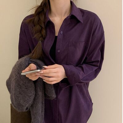 韩版风格复古灯芯绒显白深紫色衬衫春秋新款宽松叠穿上衣女外穿