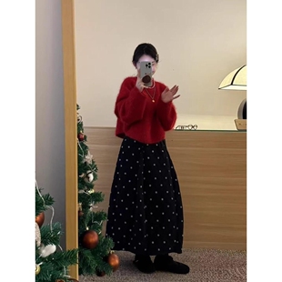 仿水貂毛秋冬韩系圣诞新年穿搭红色针织毛衣衣