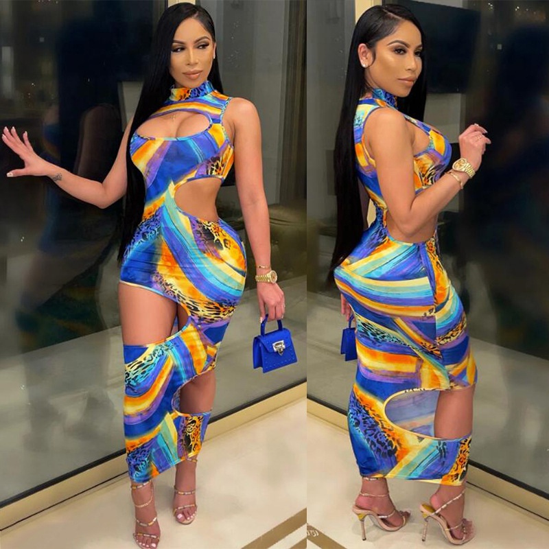 无袖镂空包臀连衣 夏季新款牛奶丝印花连衣裙Dresses