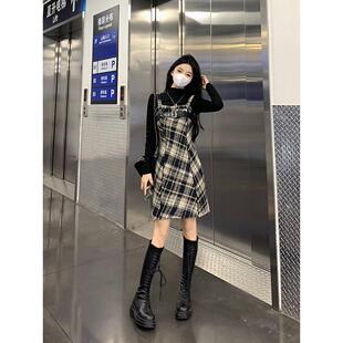 胖mm内搭打底上衣两件套 大码 格子叠穿吊带连衣裙女2026年新款 春装