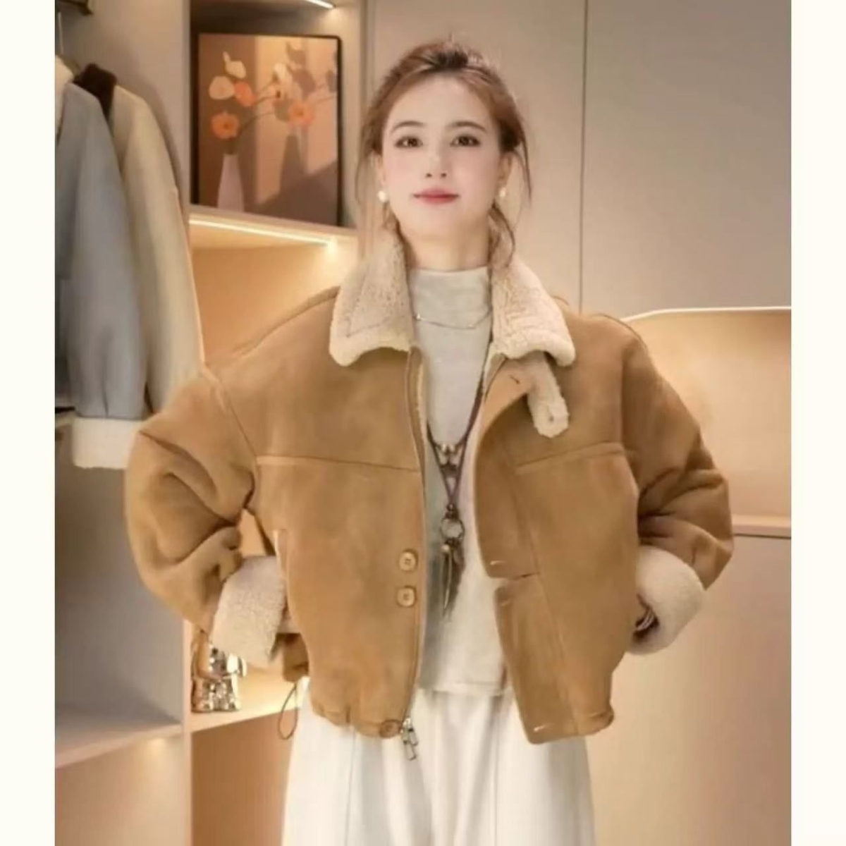 加绒加厚皮毛一体短外套女2025冬季新款时髦洋气宽松显瘦夹克上衣