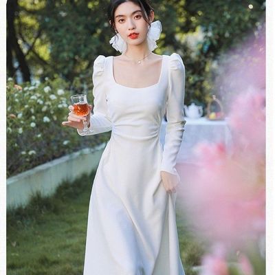 白色长袖连衣裙子女春秋2025夏新款小个子法式高级感初恋收腰长裙