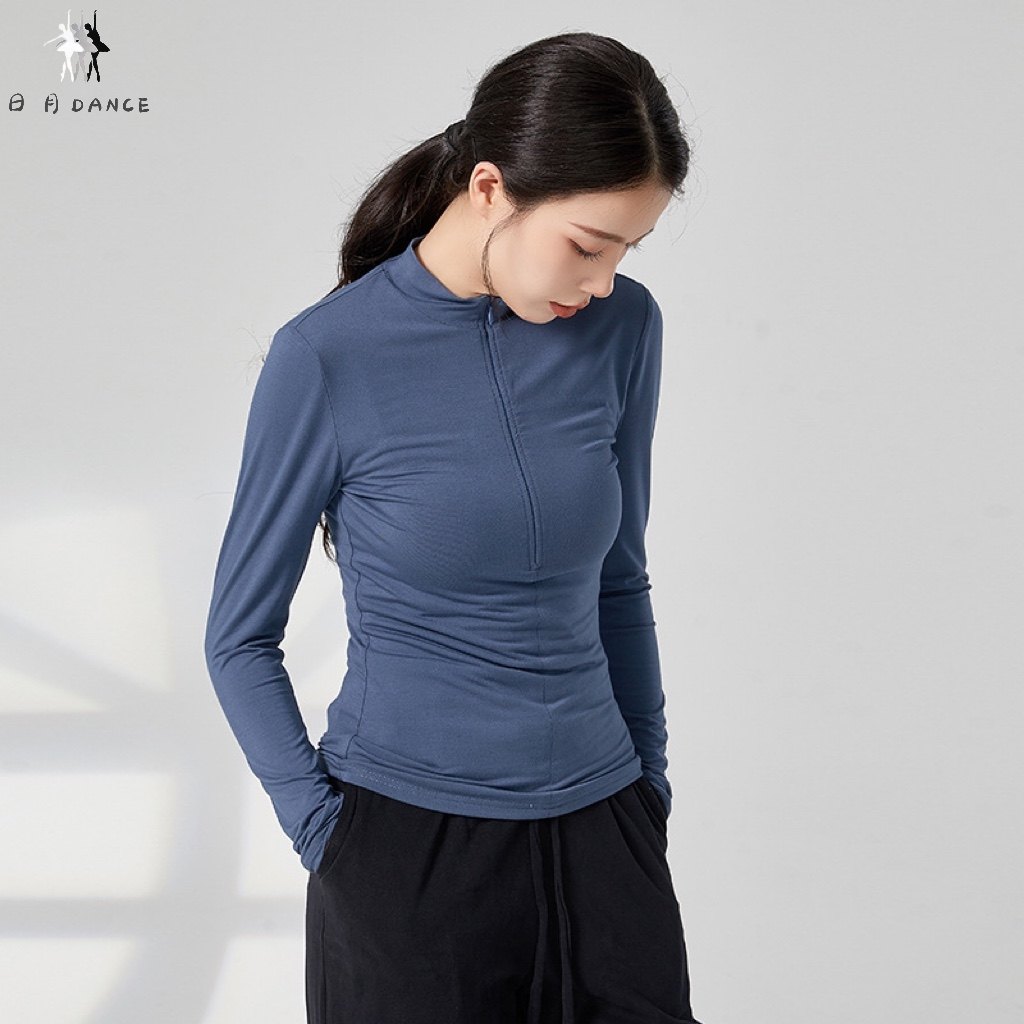 日月DANCE 现代舞蹈练功服女式紧身长袖上衣黑色表演训练瑜伽艺考