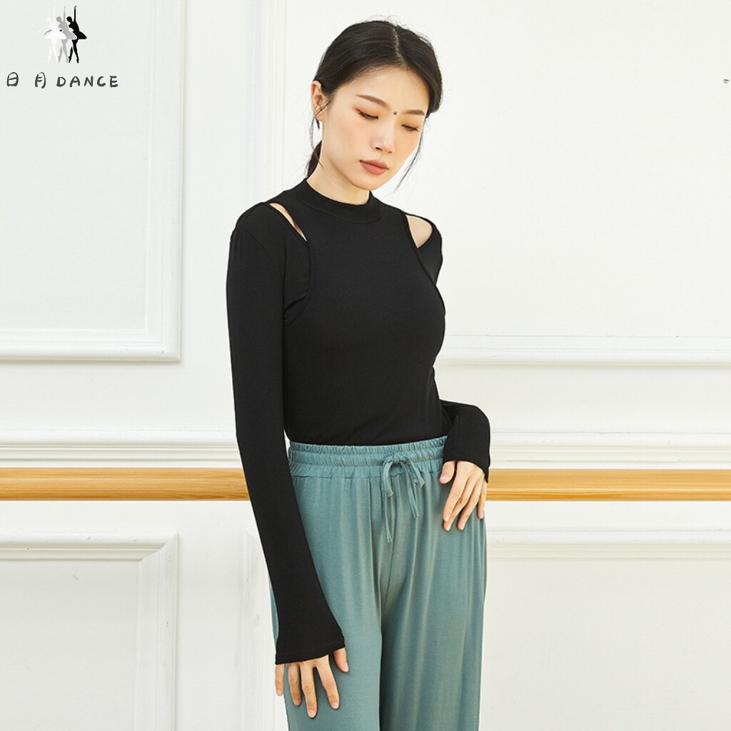 清仓日月DANCE 现代舞蹈练功服女式紧身中袖上衣黑色白色表演瑜伽
