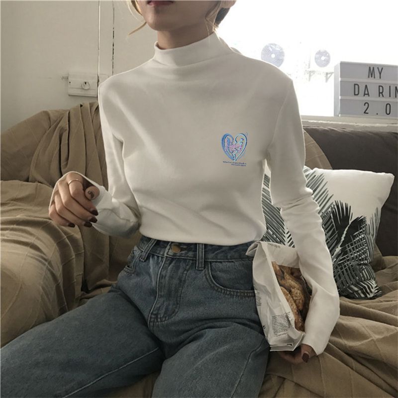 爆款半高领德绒打底中长款长袖白色遮肉打底衫秋冬季保暖印花上衣