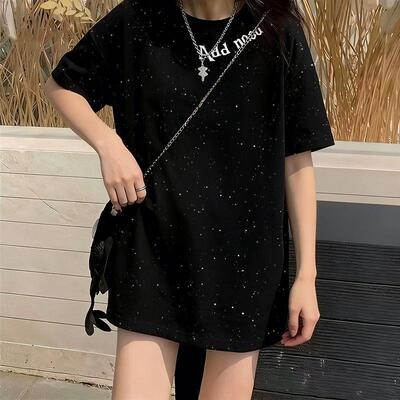 夏天纯棉新款黑色ins短袖T恤女生中长款满天星亮片宽松慵懒风上衣