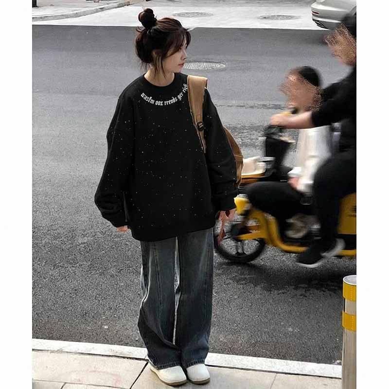 满天星秋冬新款黑色圆领加绒卫衣女小众宽松原宿风时尚简约上衣服