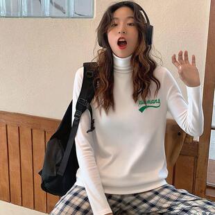 通勤外穿修身上衣长袖T恤女款秋冬款休闲堆堆领甜美风白色打底衫