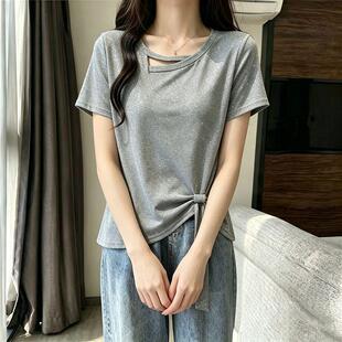 2026夏天新款灰色短袖T恤女生ins高街独特亮片褶皱设计修身上衣服