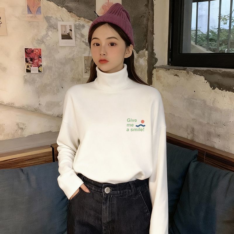 白色半高领印花德绒长袖T恤女士秋冬季印花上衣韩系打底衫小众ins