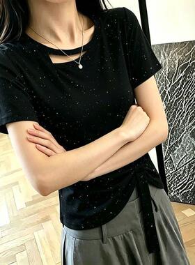2026夏日新款高级感灰色亮片短袖t恤女生休闲风原宿风复古ins上衣