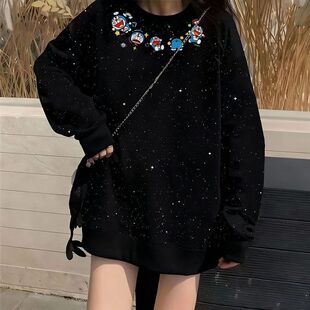 潮牌美式潮流黑色圆领满天星亮片卫衣长袖女款秋冬季宽松显瘦上衣