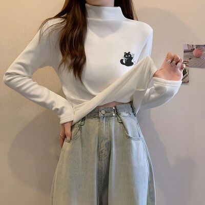 半高领打底德绒长袖新款秋冬季T恤女款白色印花中长款显瘦ins上衣