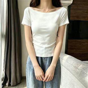 夏天白色短袖T恤女2026新款设计感小众休闲ins百搭一字领露肩上衣