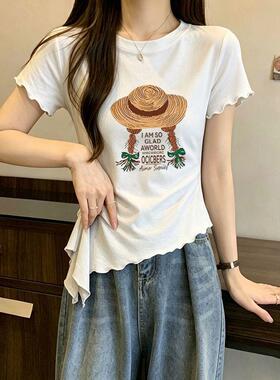 美式复古灰色木耳边短袖t恤女生修身夏日小众设计感印花ins上衣服