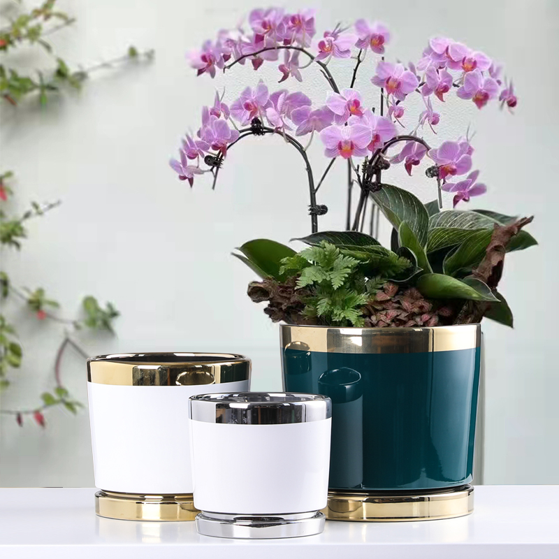 欧式简约花盆陶瓷带托盘创意镀金镀银家用高端兰花蝴蝶兰吊兰清仓