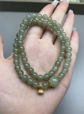 和田玉（珠宝）手链青海料晴水绿圆珠双圈手串女款玉石饰品送礼