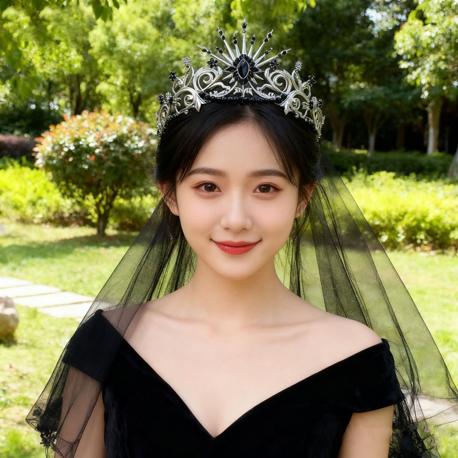黑色皇冠头纱套装高端生日女王冠