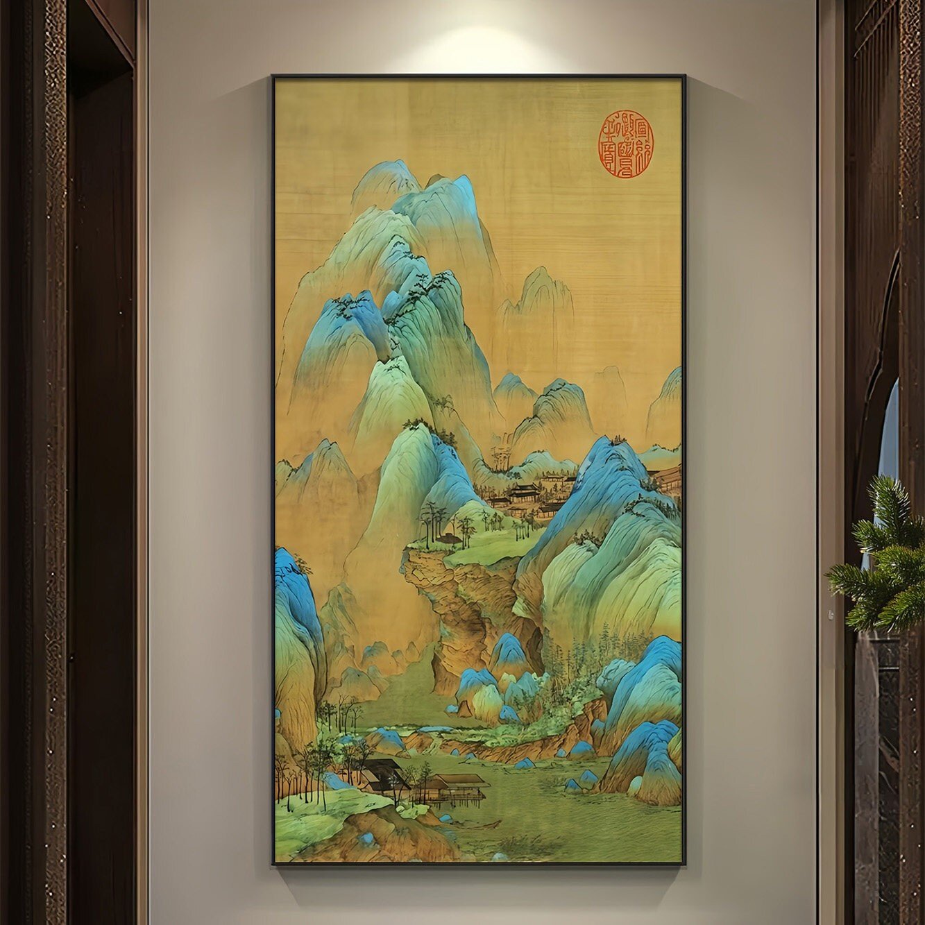 千里江山图装饰画入户玄关挂画客厅走廊过道新中式竖版山水画国画