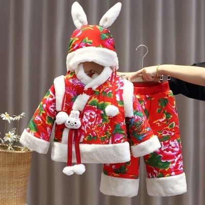 儿童东北大花布套装冬季宝宝棉袄女童拜年衣服加厚小童过年新年装