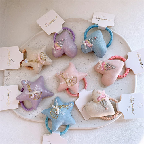 新款儿童布艺充棉五角星星发圈甜美女童爱心头绳马尾皮筋发绳头饰