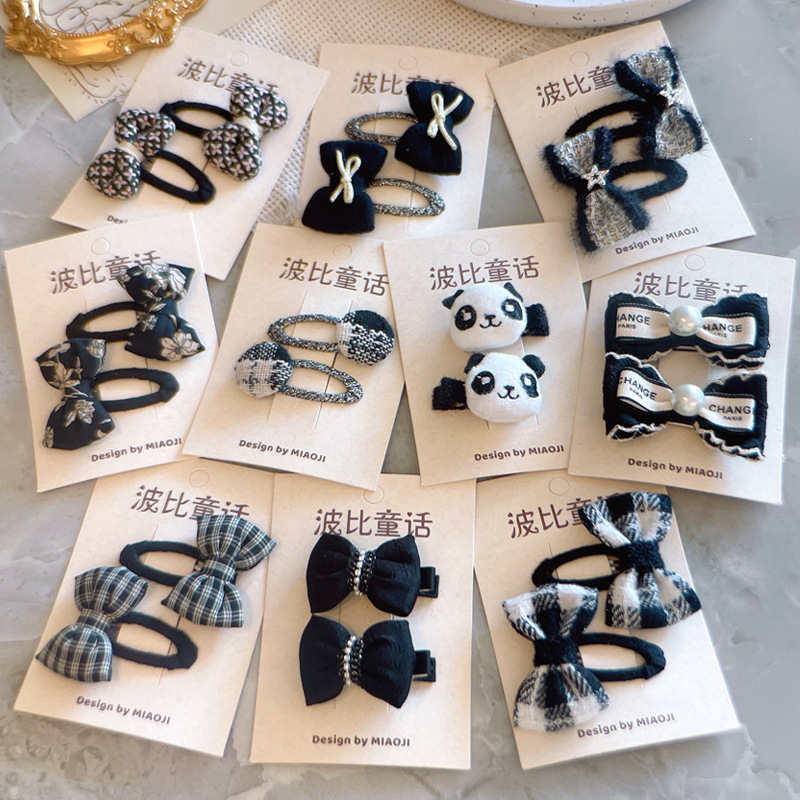 秋新款黑色系小香风儿童发夹格子蝴蝶结女童对夹熊猫宝宝发饰头饰