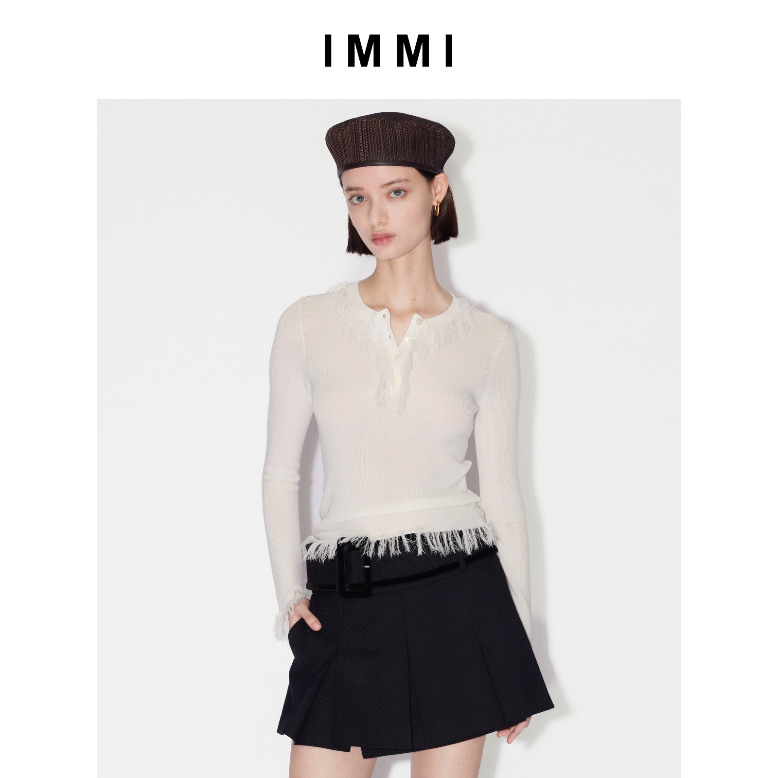 【IMMI】25早秋新品毛边圆领长袖针织上衣MWEFWKTP0294X