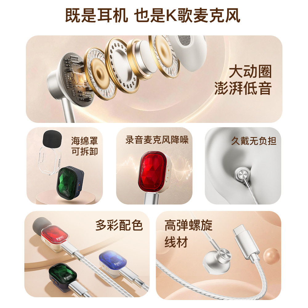 Type-C有线K歌耳机 夹领式带麦克风直播耳返 DSP混响音效耳机