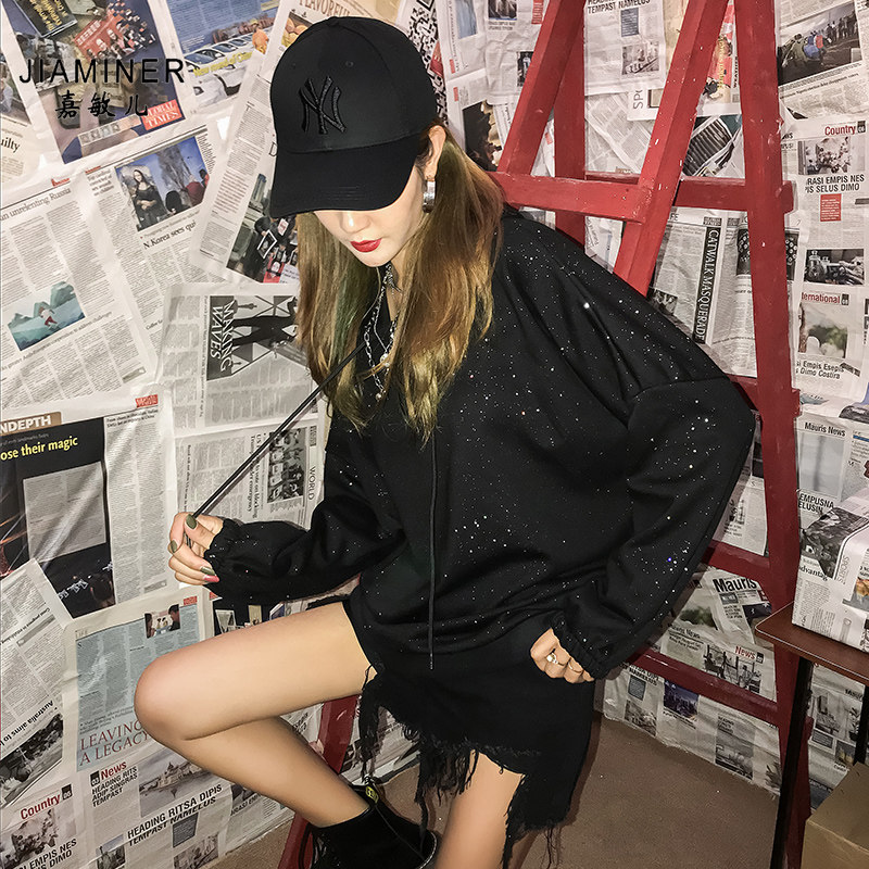 初秋卫衣2019新款女bling上衣长袖韩版宽松bf慵懒风连帽中长卫衣
