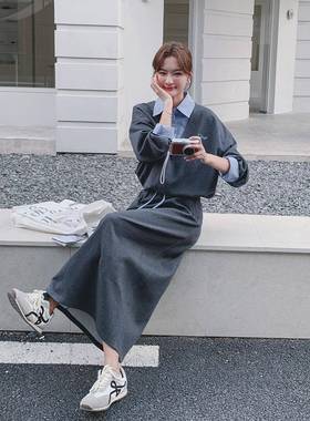 深灰色衬衫假两C077-297件0卫衣半身裙装225春秋韩版休闲松弛感两